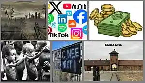 Collage van 6 foto's die de (politieke) hypocrisie blootleggen, zoals hongerende kinderen, geld en sociale media